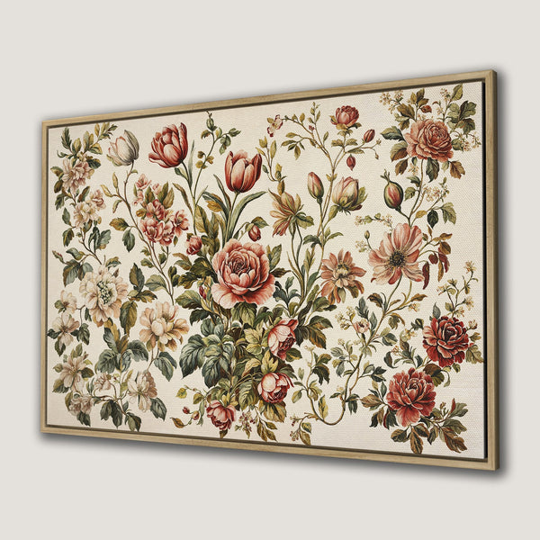 Framed Wall Art featuring a vintage floral design in a romantic style. Earthy tones of red, cream, and green create a classic, elegant aesthetic.