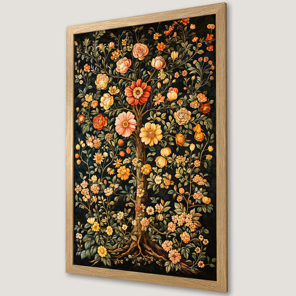 Framed Poster featuring a floral tree design in warm orange and yellow tones on a dark background. Vintage style art print.