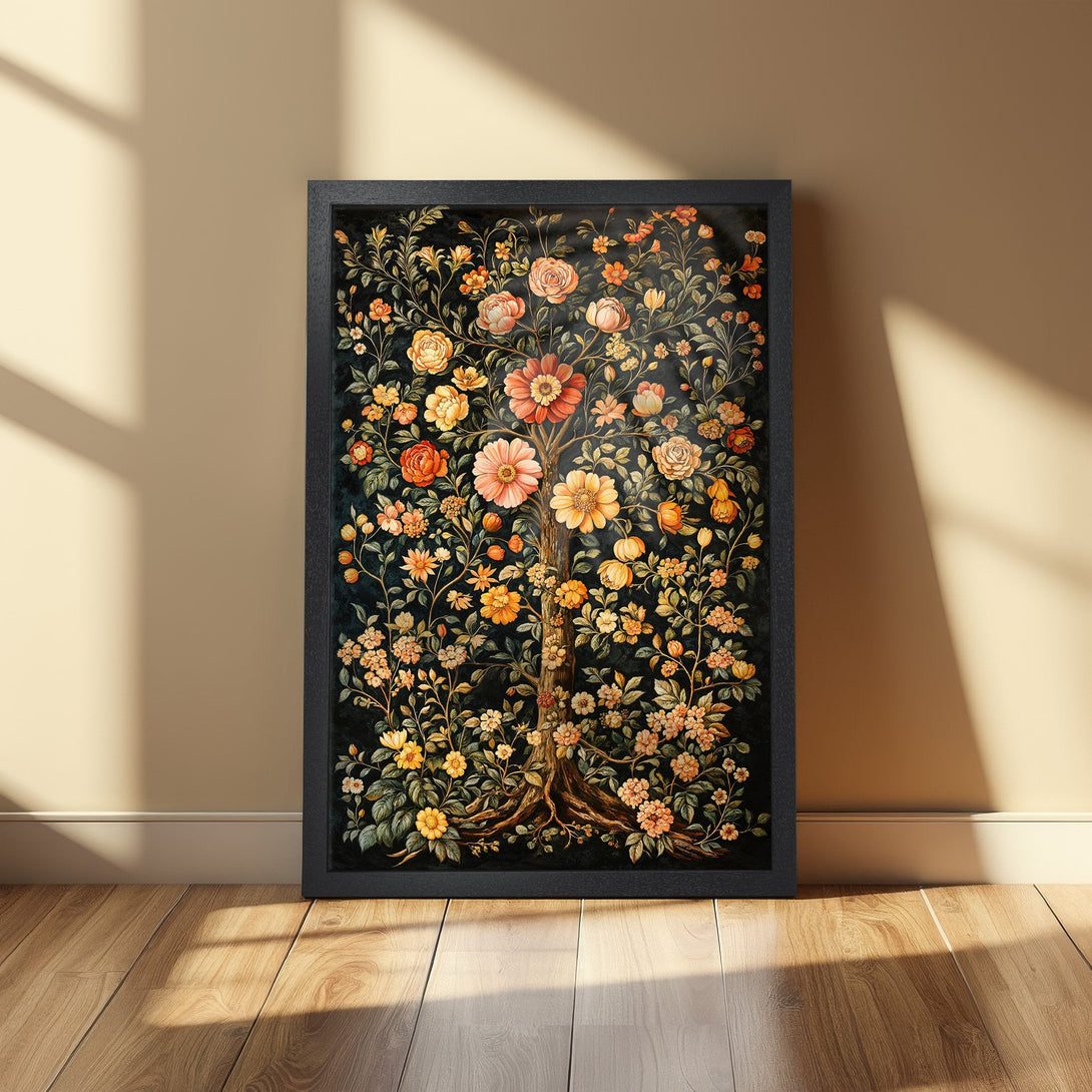 Framed Poster featuring a floral tree design in warm orange and yellow tones against a dark background, perfect wall art.