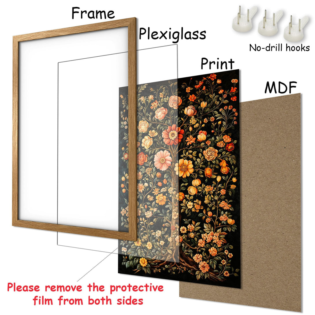Framed Poster featuring a floral design in a vintage style, with a warm color palette of oranges and yellows on a black background.