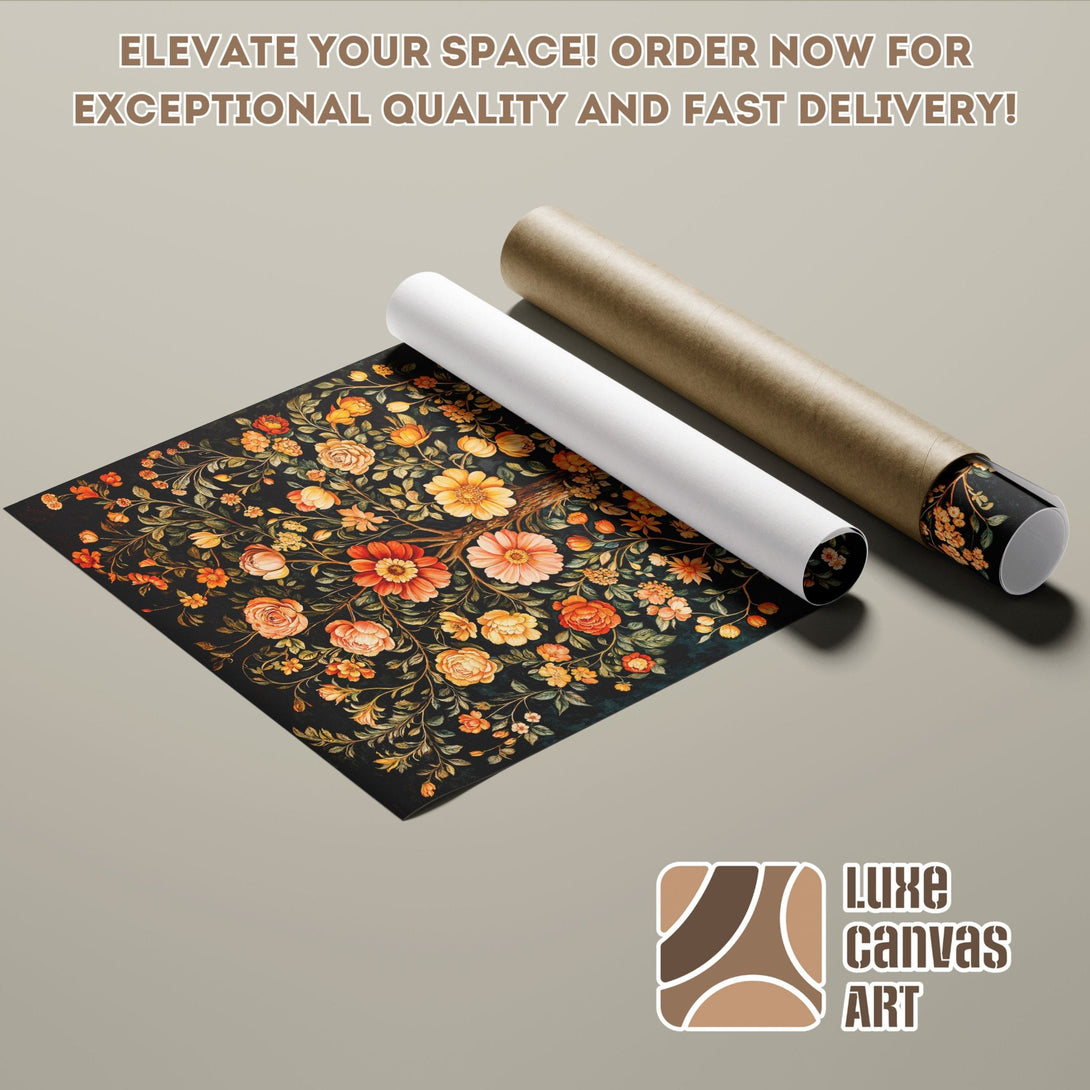 Floral Poster Roll with black background, warm orange & yellow tones, perfect for home decor.
