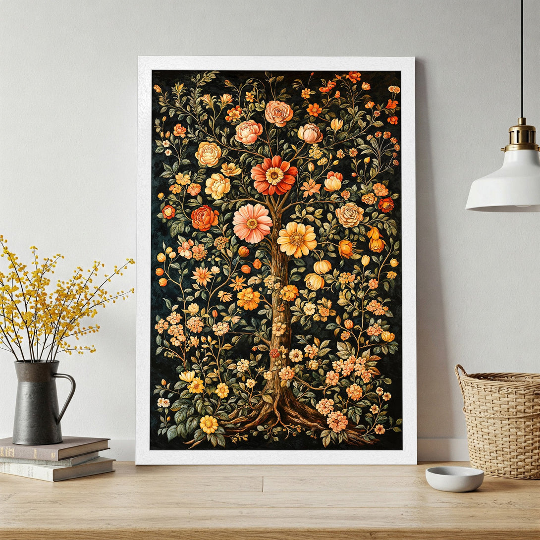 Framed Poster featuring a vibrant floral tree illustration in a vintage style with a warm, earthy color palette. Perfect wall art!