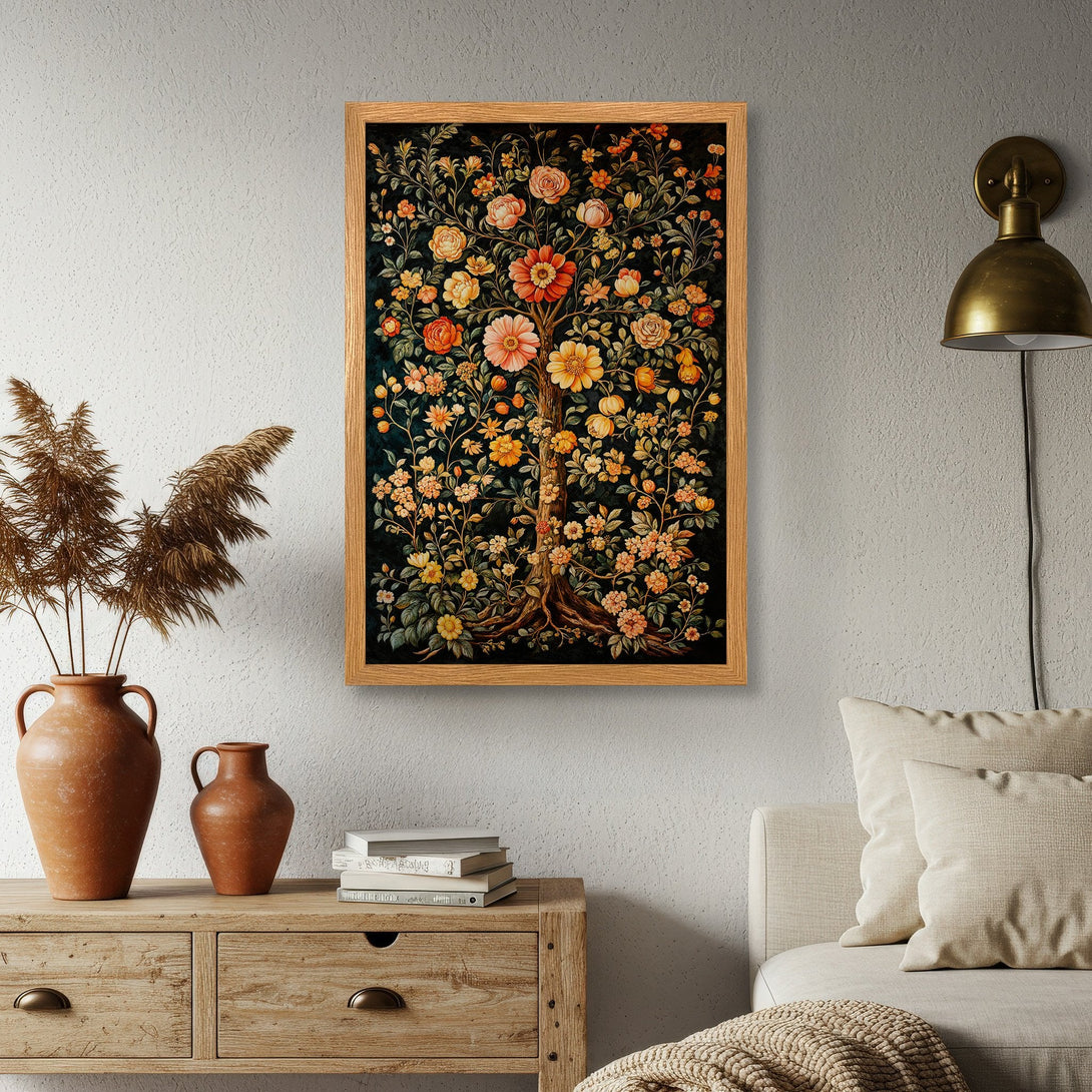 Framed Poster featuring a floral tree design in a vintage style with a warm color palette. Perfect for adding a touch of elegance to your home!