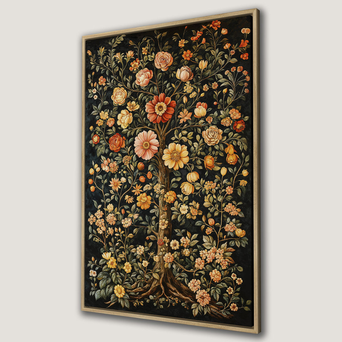 Framed Wall Art featuring a floral tree design with warm orange and yellow tones against a dark background. Perfect for adding a touch of elegance.