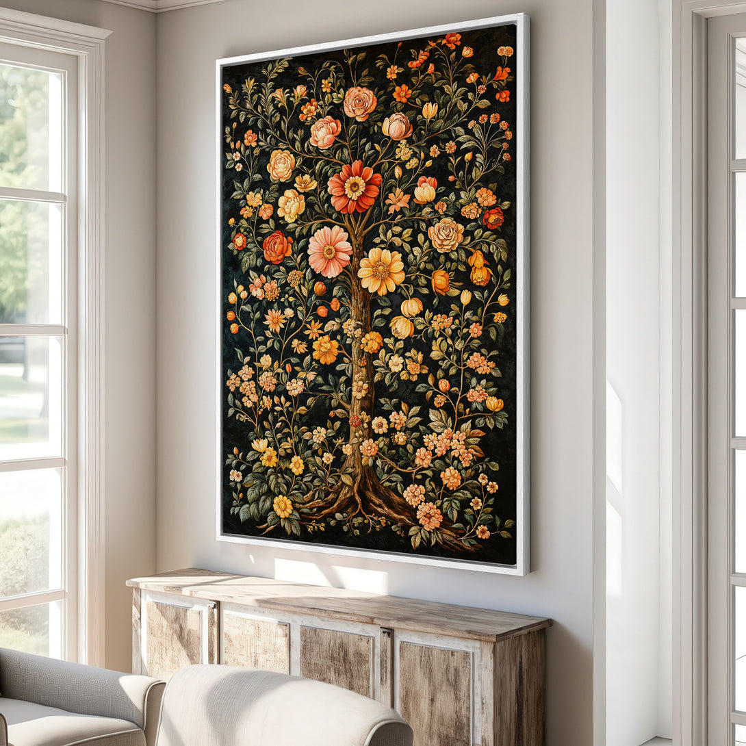 Framed Wall Art: Floral tree artwork in warm orange and yellow tones on a black background. Adds a touch of elegance to any room. Shop now!