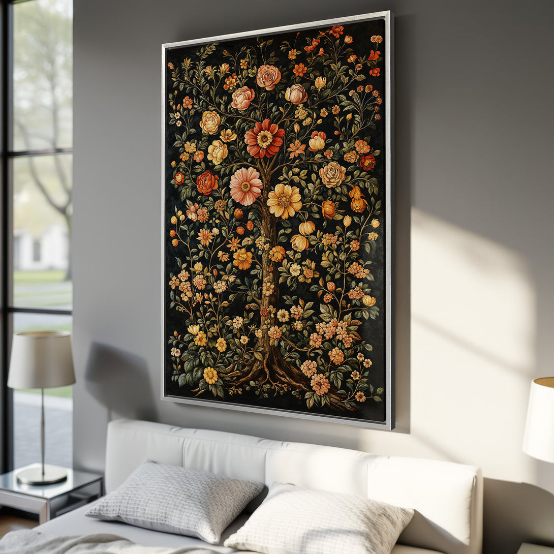 Framed Wall Art featuring a floral tree design in a vintage style. Warm color palette with oranges, yellows, and greens against a dark background. Perfect for home decor.