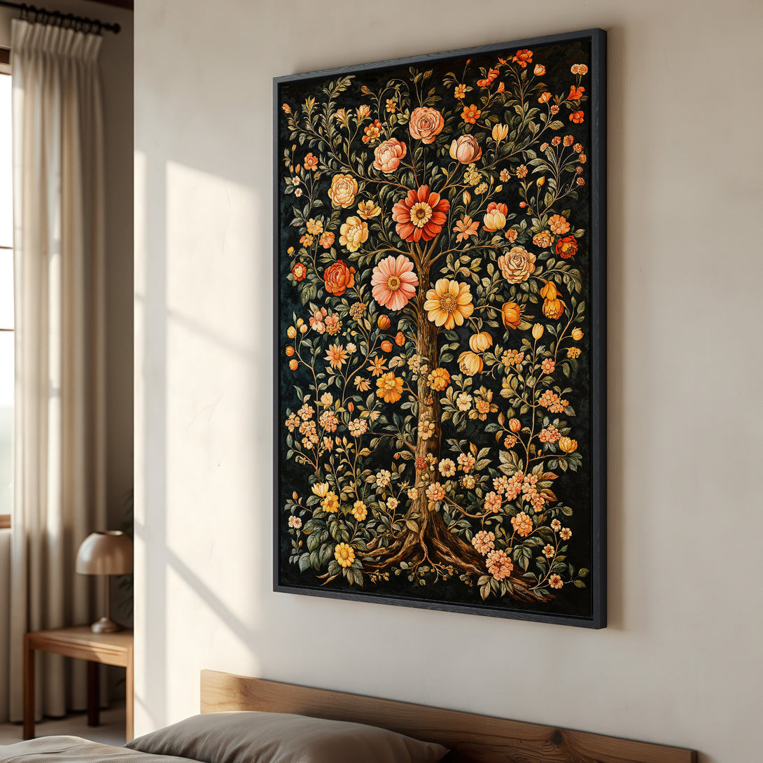 Framed Wall Art featuring a vibrant floral tree design with warm orange and yellow tones on a dark background, perfect for adding a touch of elegance.