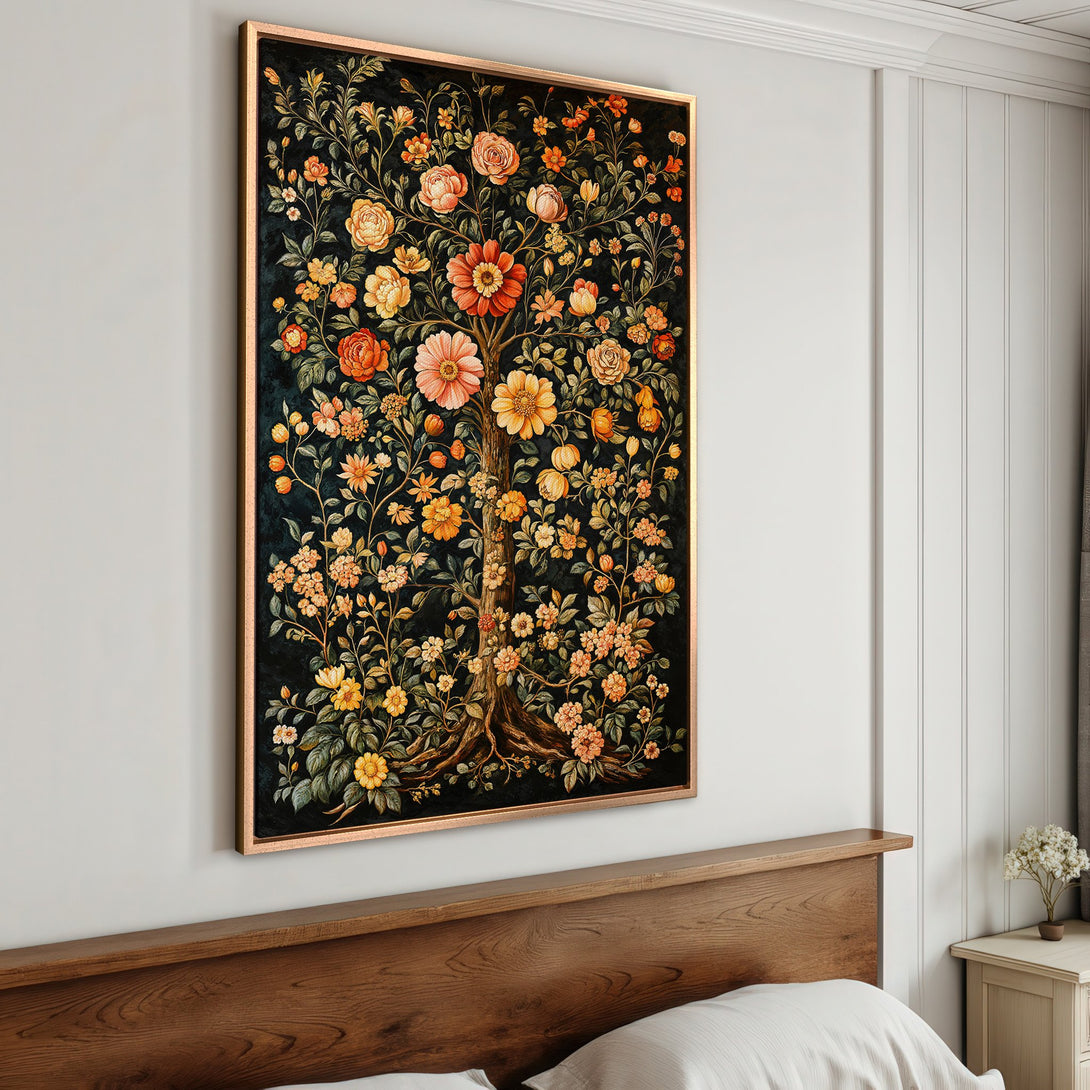 Framed Wall Art featuring a floral tree design in a vintage style. Warm orange and yellow blooms pop against a dark background. Perfect for home decor!