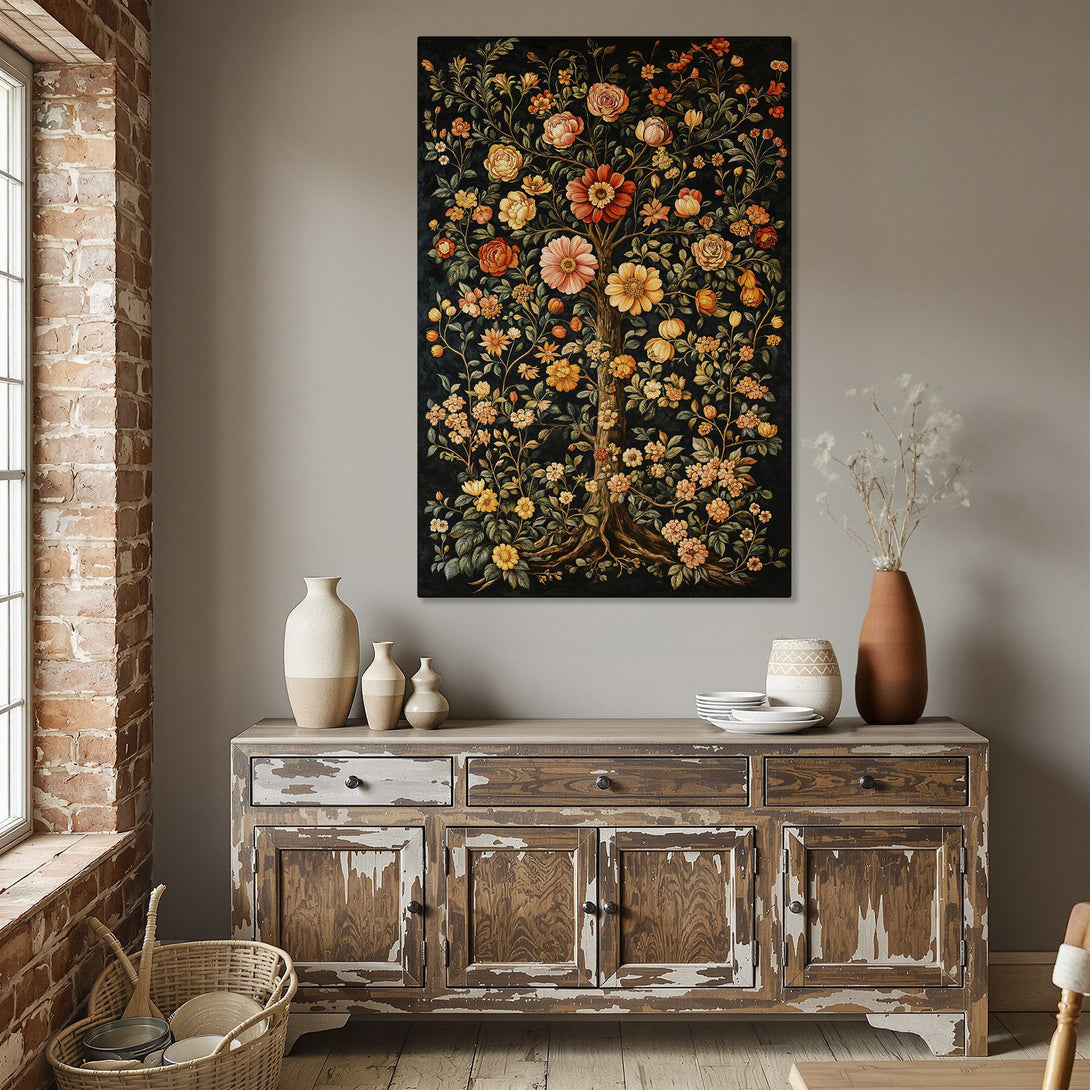 Framed Wall Art: Floral tree art in a dining room setting. Features a dark background with orange, yellow, and green flowers. Adds elegance to any space.