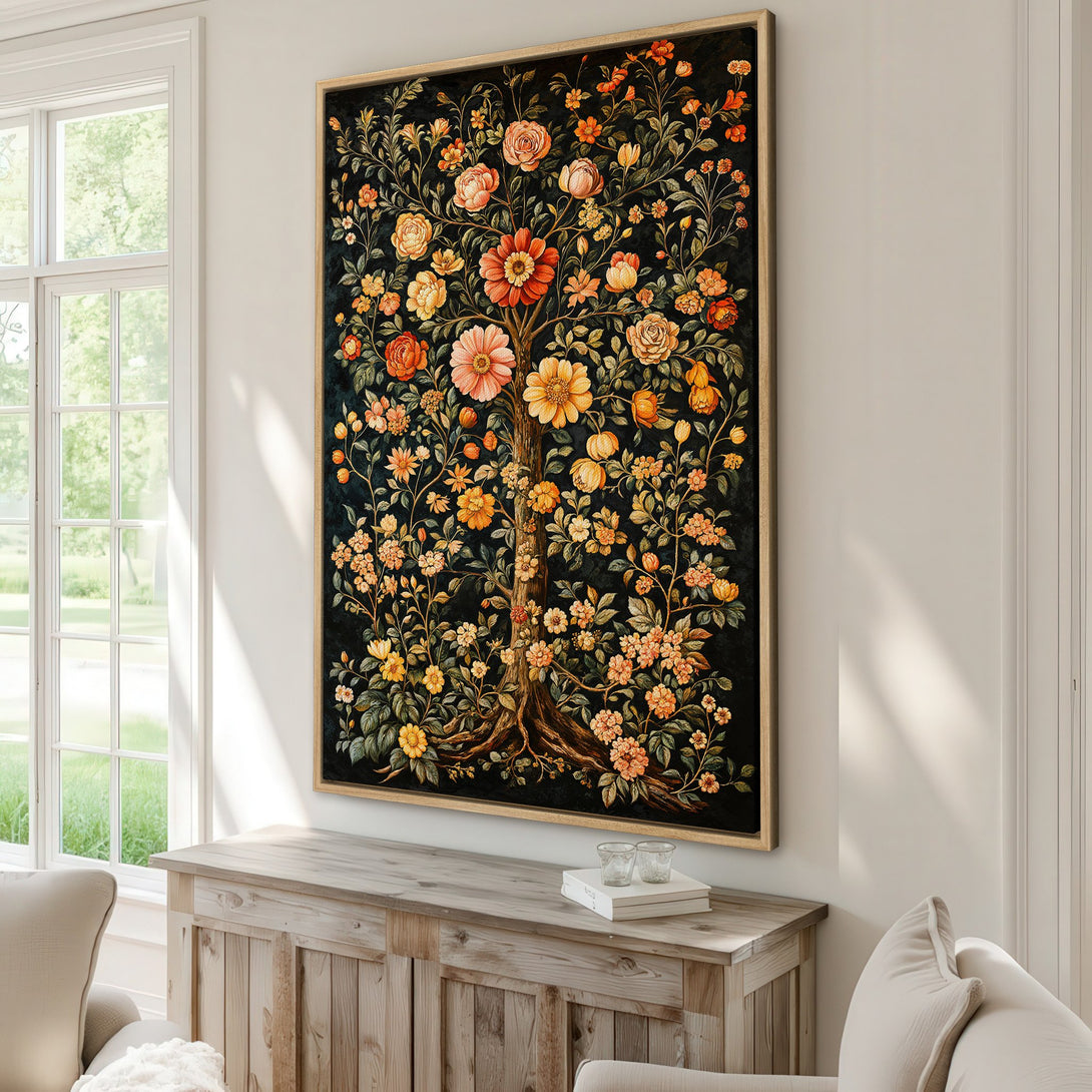 Framed Wall Art featuring a vibrant floral tree design in warm orange and yellow tones against a dark background, perfect for adding elegance to any space.