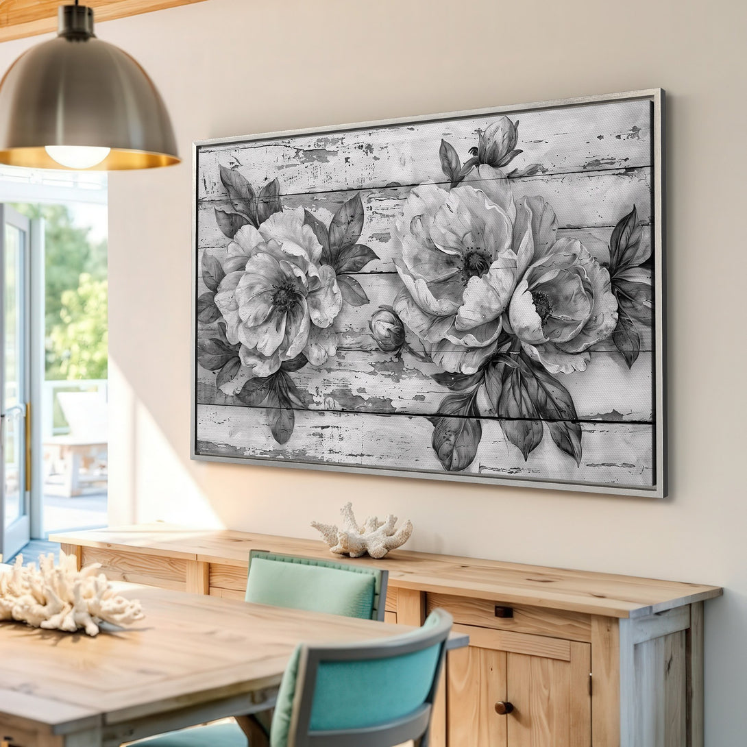 Framed Wall Art: Elegant black and white floral Canvas Print. Rustic style with a neutral color palette, perfect for adding a touch of sophistication to any room.