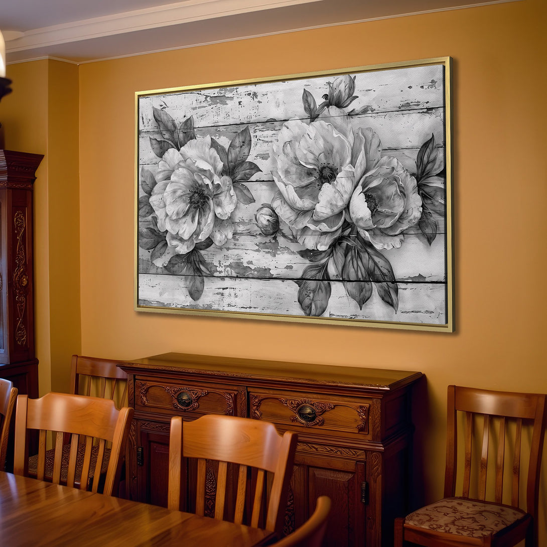 Canvas Print of monochrome floral art, perfect for adding a touch of rustic elegance to any living room. Neutral color palette.