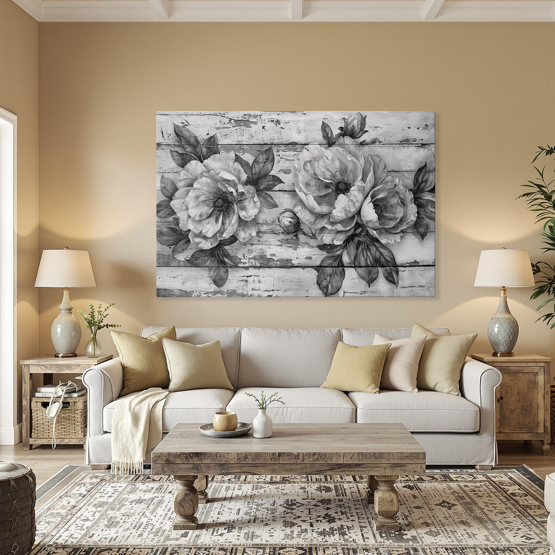 Framed Wall Art featuring elegant black and white floral design. Perfect for adding a touch of sophistication to any interior space.