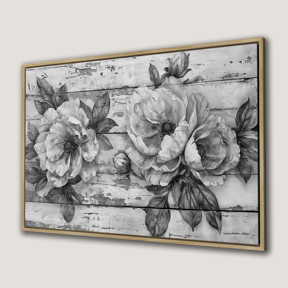 Framed Wall Art featuring elegant black and white floral design on distressed wood. Perfect for adding a touch of vintage charm to your home decor.