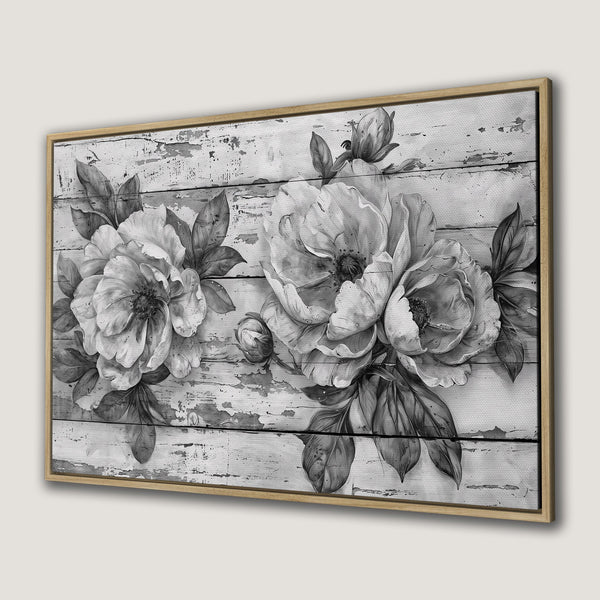 Framed Wall Art featuring elegant black and white floral design on distressed wood. Perfect for adding a touch of vintage charm to your home decor.