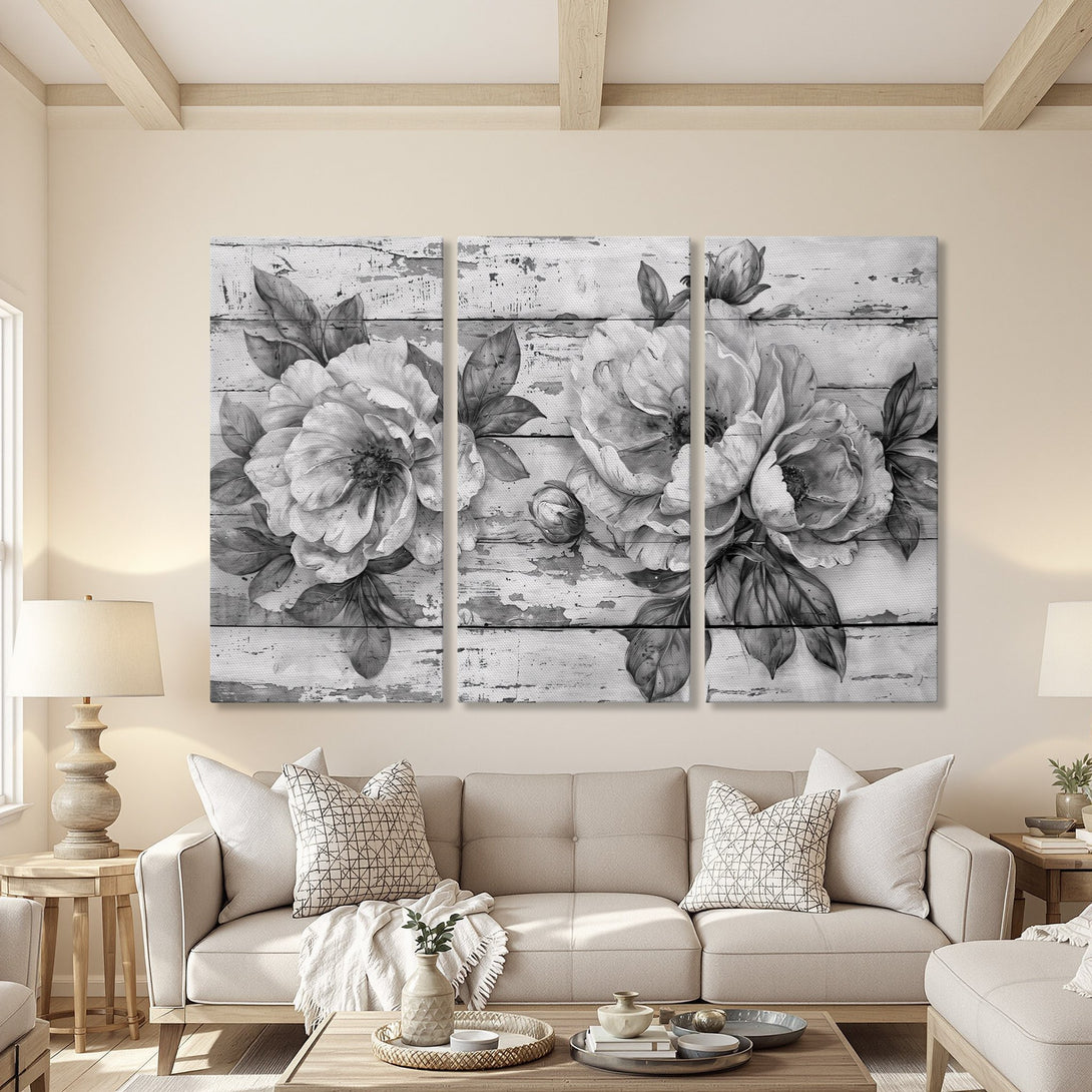 Canvas Print of elegant black and white floral art, perfect for adding a touch of sophistication to any living room.