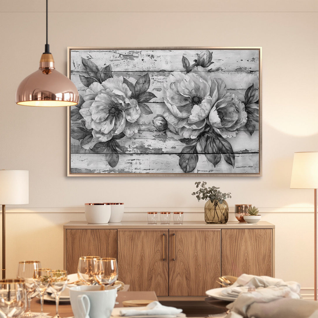 Framed Wall Art: Elegant black and white floral print canvas. Perfect for adding a touch of modern farmhouse style to your dining room decor.