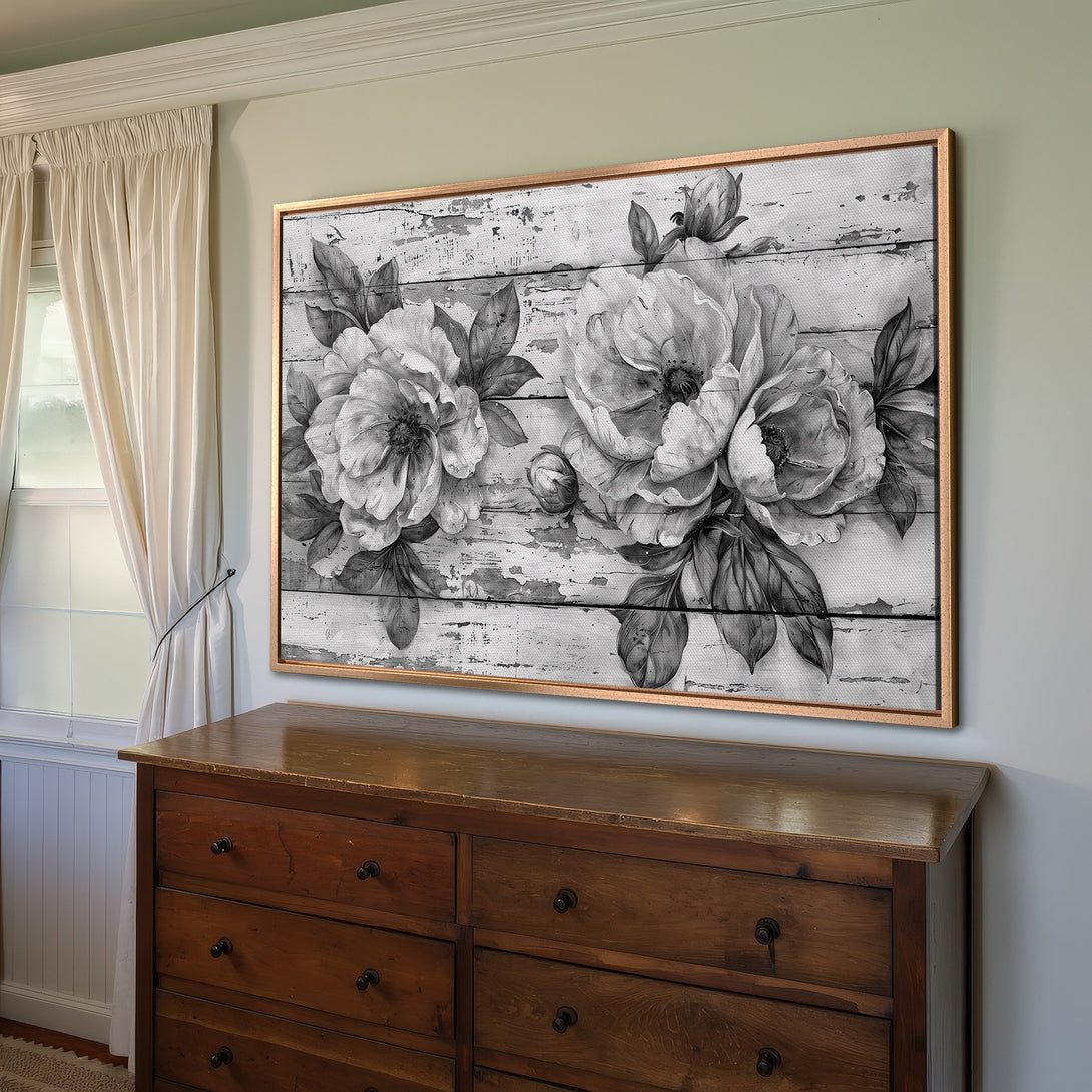 Framed Wall Art: Elegant black and white floral Canvas Print. Rustic style with a neutral color palette, perfect for adding a touch of sophistication to any room.