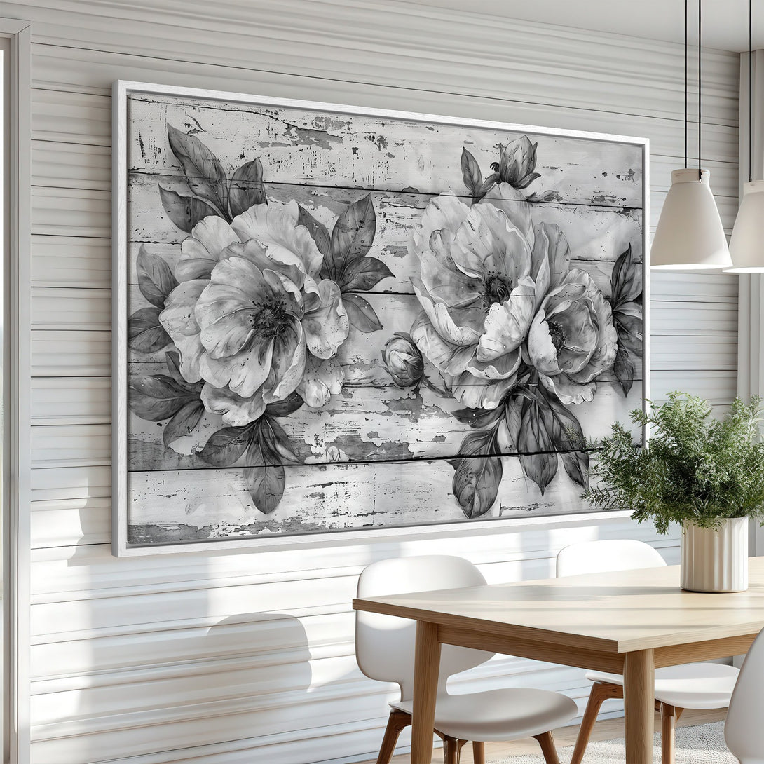 Framed Wall Art: Elegant black and white floral print. Modern farmhouse style canvas print with a neutral color palette, perfect for dining room decor.