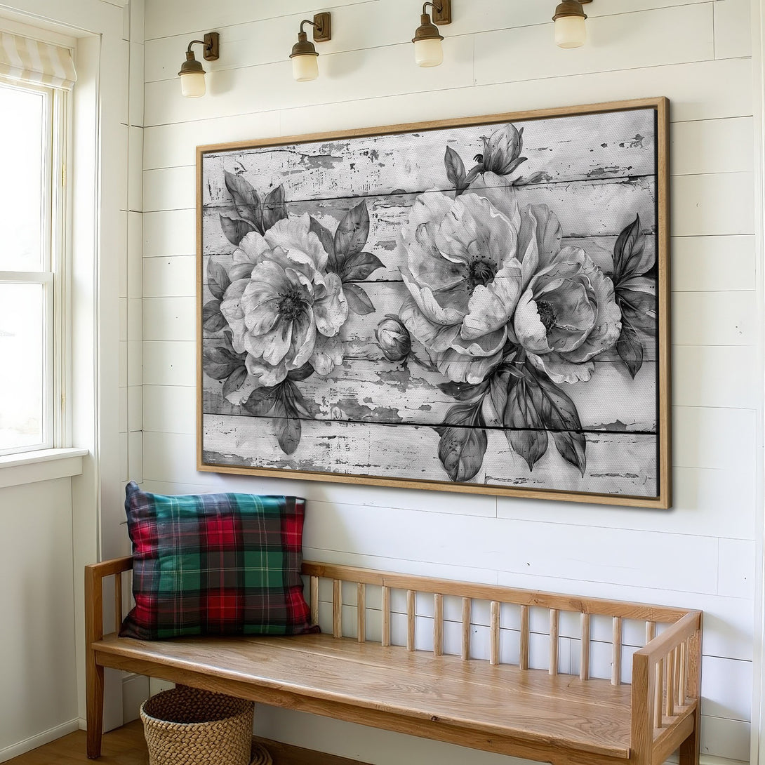 Framed Wall Art: Black & white floral Canvas Print adds farmhouse charm. Features peonies on distressed wood. Perfect for a cozy, neutral-toned interior.