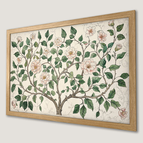 Framed Poster featuring a botanical illustration of a tree with pink flowers, in a vintage style, with a neutral color palette.