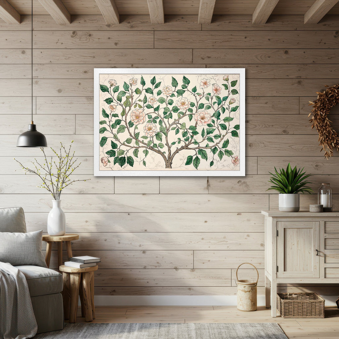 Framed Poster featuring a botanical illustration of a flowering tree. Vintage style with a soft neutral color palette. Add a touch of nature to your home!