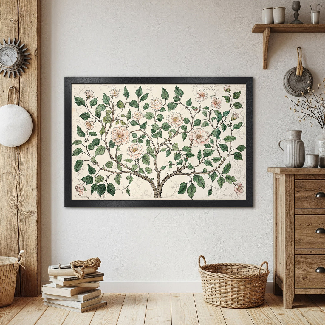 Framed Poster featuring a botanical illustration in soft pinks and greens. Perfect for adding a touch of nature-inspired art to your space.
