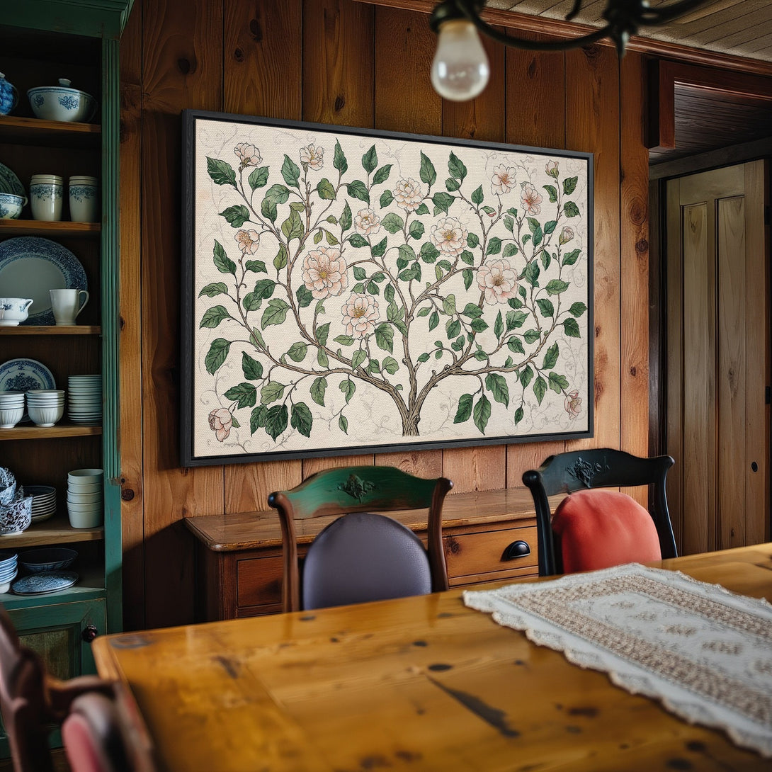 Framed Wall Art: Floral tree print in a cozy dining room. Earthy tones with pops of green and pink. Enhance your home decor with this canvas print.