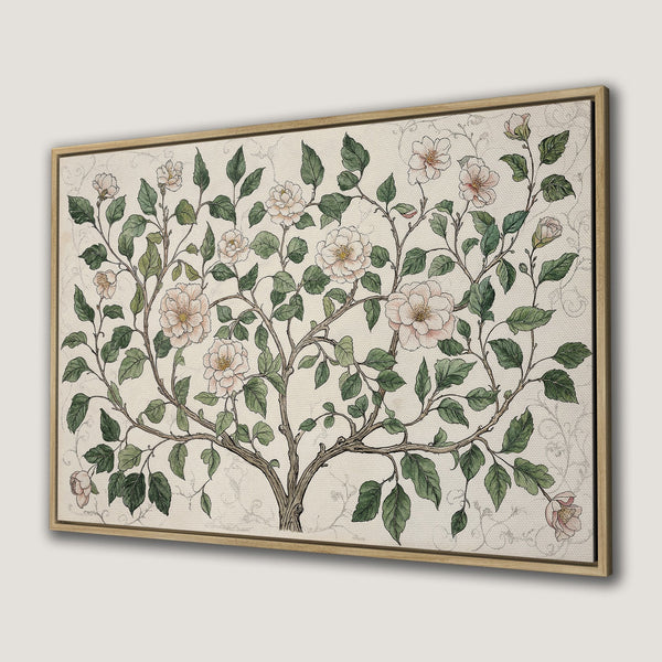 Framed Wall Art: Botanical illustration of a flowering tree in soft blush and green tones. Perfect for adding a touch of nature to your home decor.