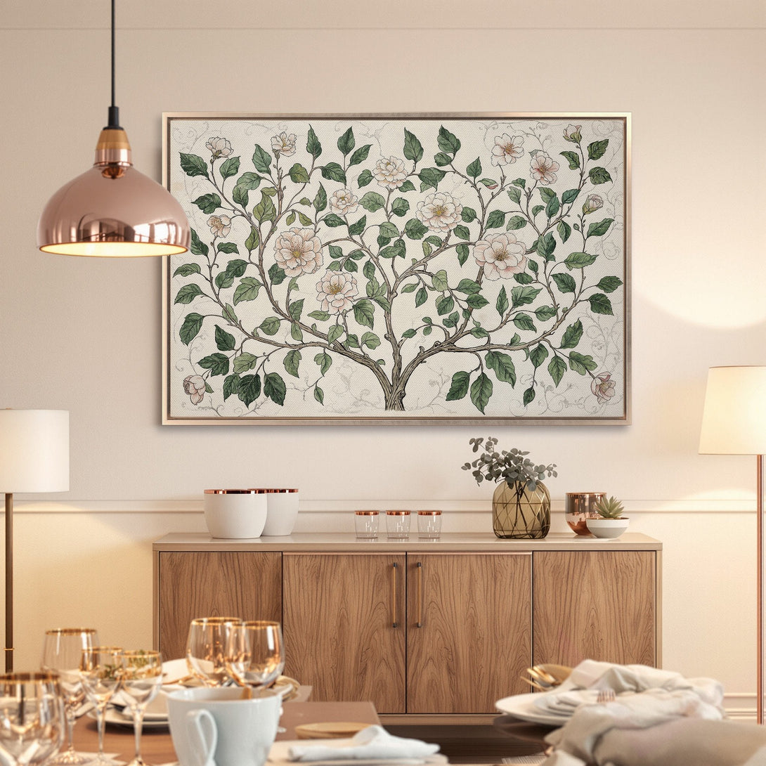 Framed Wall Art: Floral botanical print in neutral tones, perfect for adding elegance to your dining room. Shop now!
