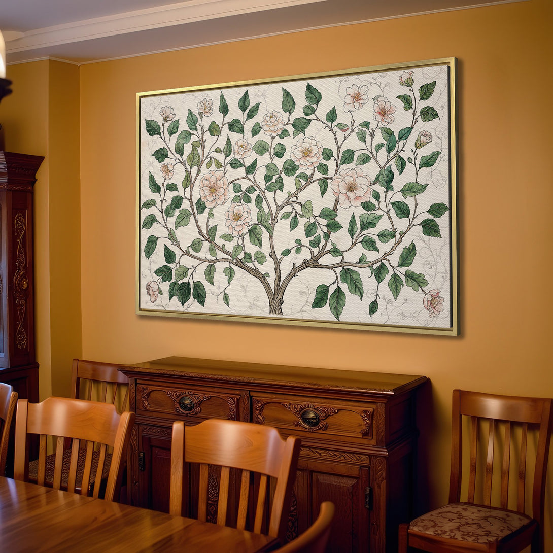 Canvas Print of a floral tree in a neutral living room. Botanical art with a soft, calming color palette.