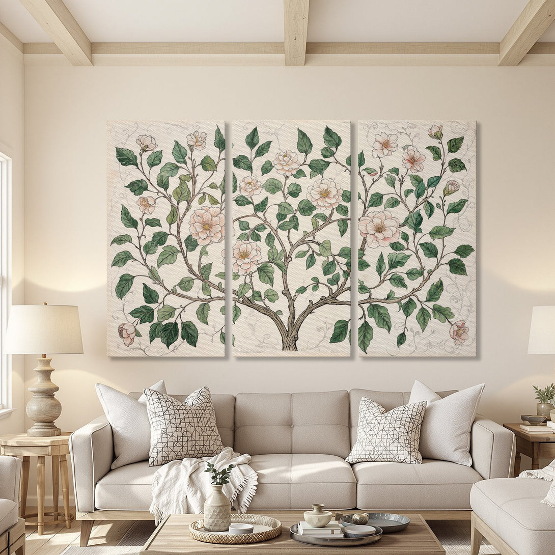 Canvas Print triptych featuring a floral tree design in a soft, watercolor style. Pastel pink and green hues create a calming, elegant wall art piece.