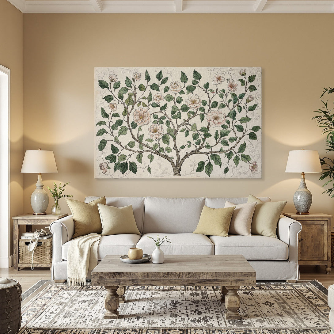 Framed Wall Art featuring a floral tree design. Soft pink and green palette, classic style. Perfect for adding elegance to your dining room.
