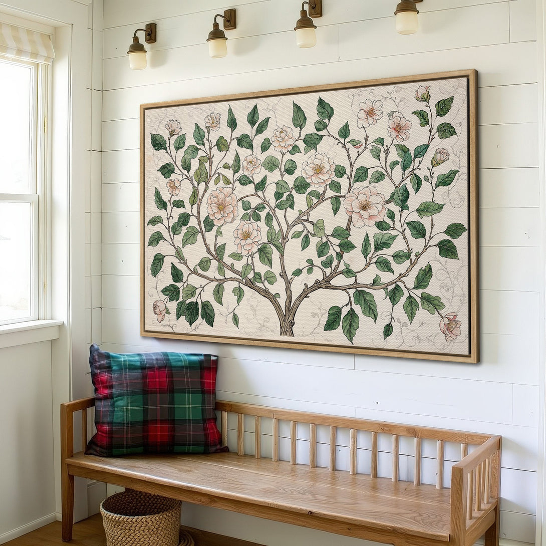 Framed Wall Art featuring a floral botanical design in soft pinks and greens. Adds a touch of nature and elegance to any interior space.