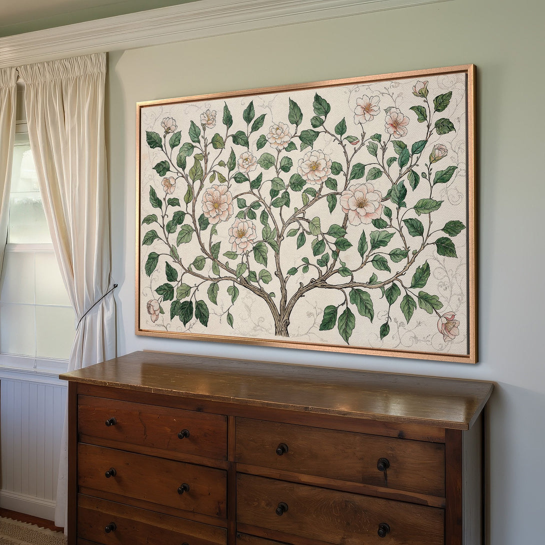 Framed Wall Art featuring a floral tree design in soft pink, green, and beige tones. Adds a touch of elegance to any room!