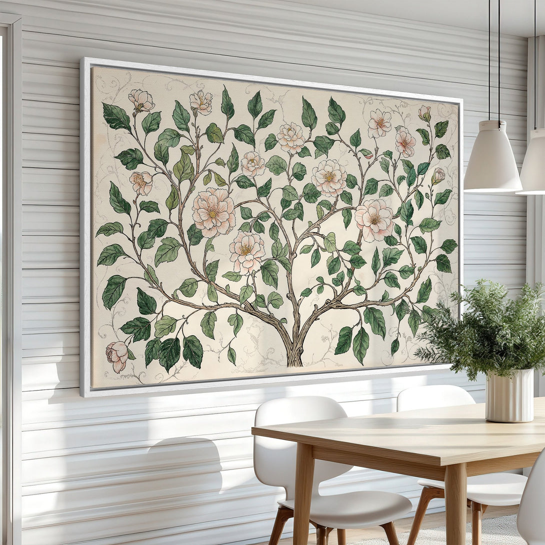 Framed Wall Art: Botanical illustration Canvas Print with a floral tree design in soft green and pink hues, perfect for adding a touch of nature to your home.