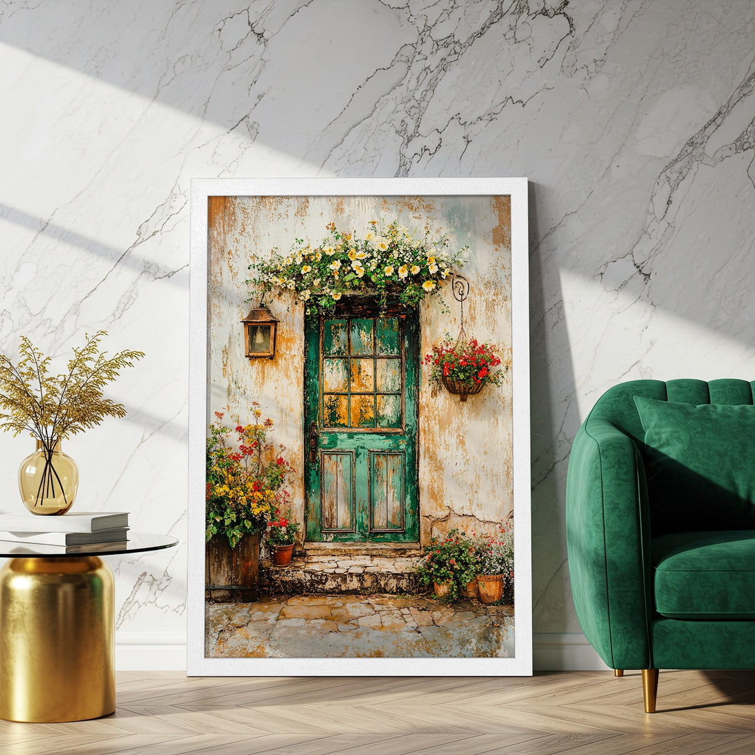 Framed Poster featuring a vintage door with flowers, rustic style, and a warm, inviting color palette. Perfect wall art!