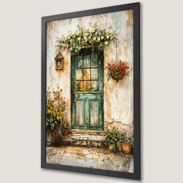 Framed Poster of a charming rustic door with flowers, in a warm, inviting color palette. Perfect wall art for your home!