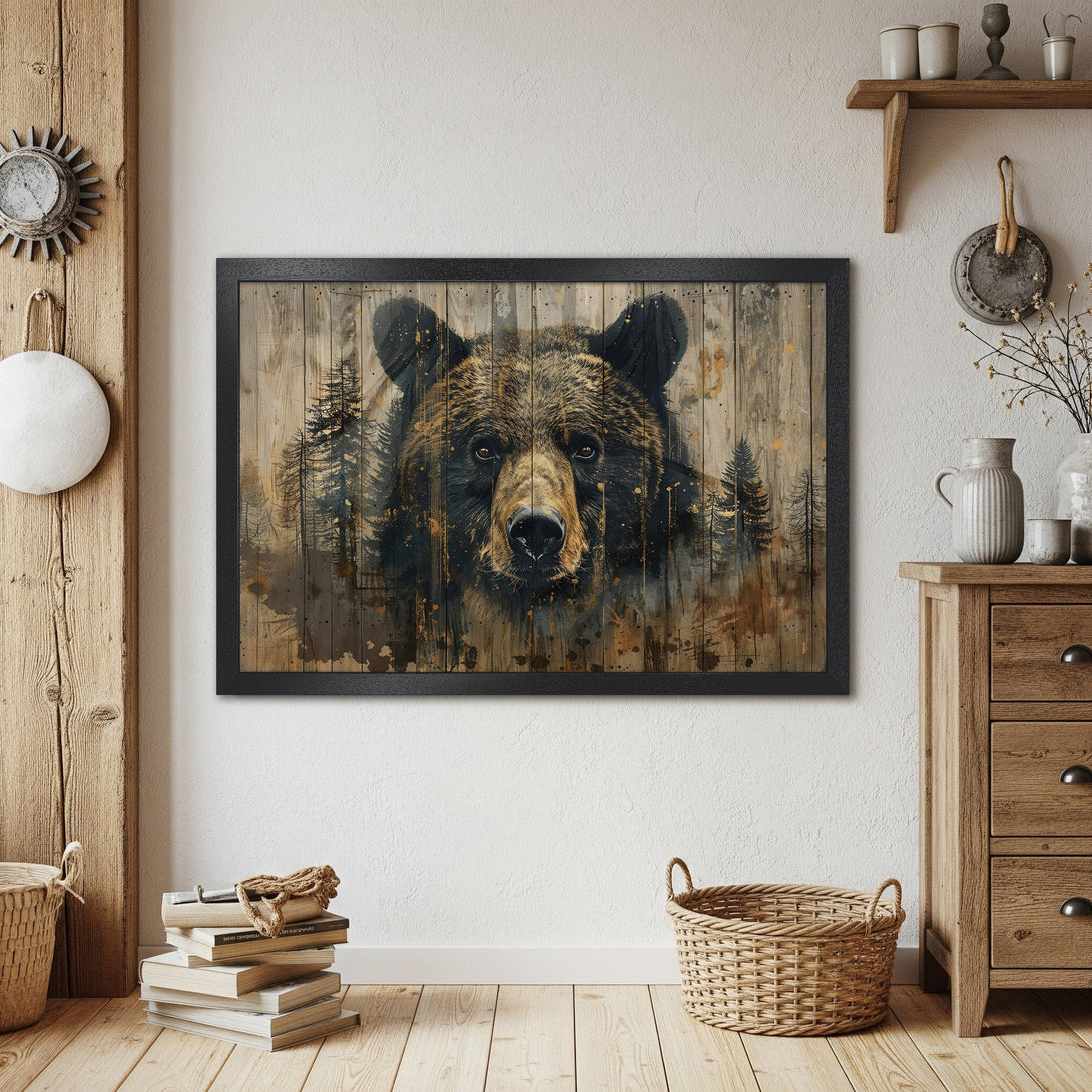 Framed Poster featuring a majestic bear portrait in a rustic, watercolor style with a warm, earthy color palette. Perfect wall art!