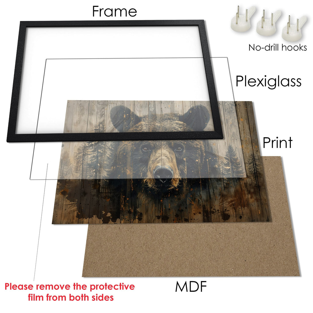 Framed Poster featuring a majestic bear in a rustic, watercolor style, with a warm brown and neutral color palette.
