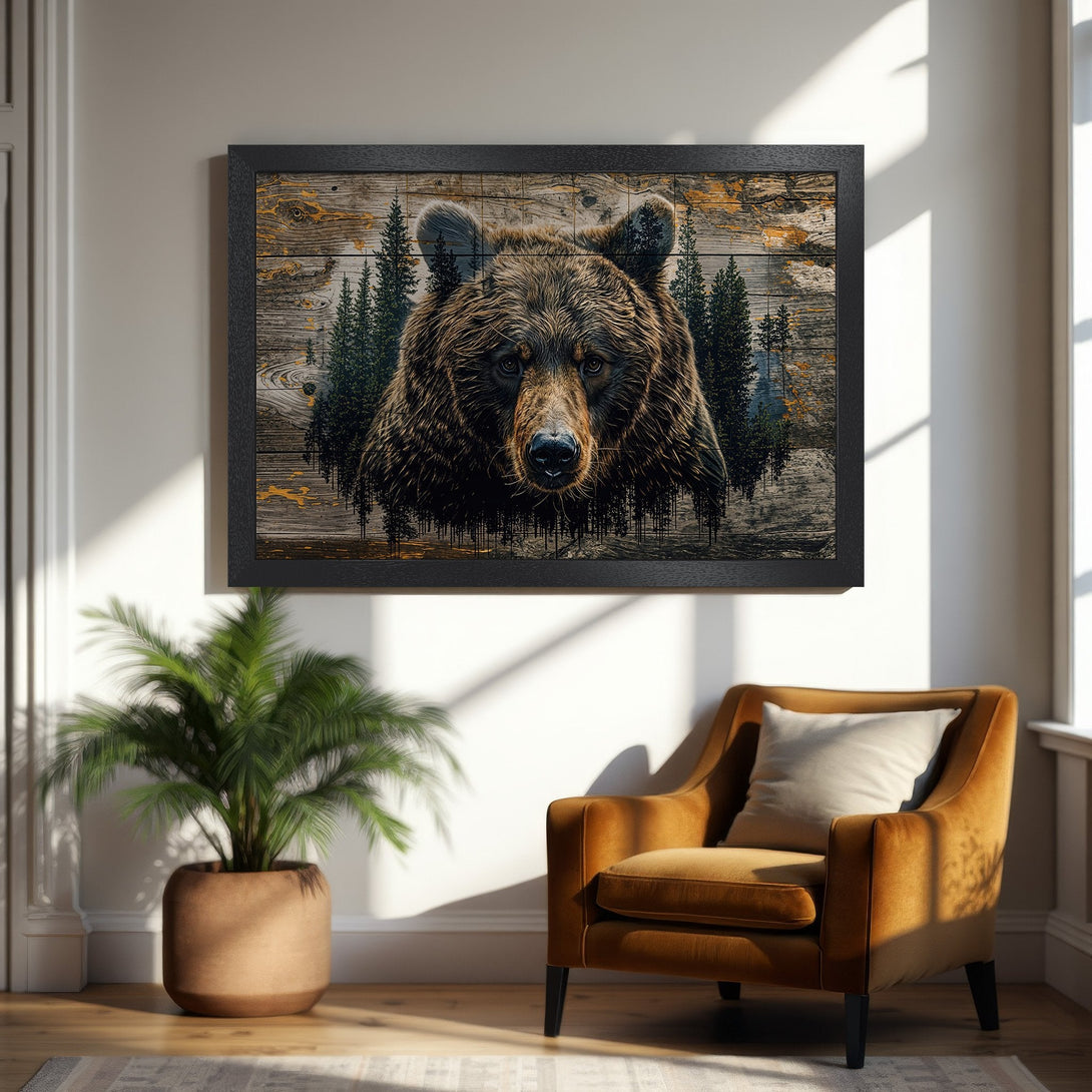 Framed Poster featuring a majestic bear portrait. Rustic style with brown, green, and gold tones. Perfect for wildlife art lovers.