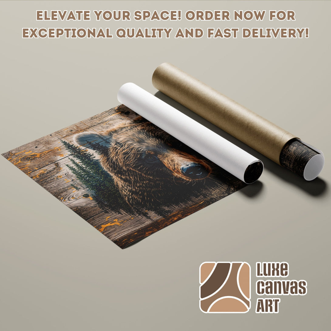 Poster Roll featuring a detailed bear portrait, rustic style, warm earthy tones.