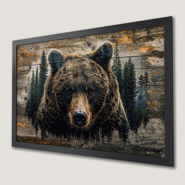 Framed Poster featuring a majestic bear in a rustic style with a brown and green color palette. Perfect for nature lovers!