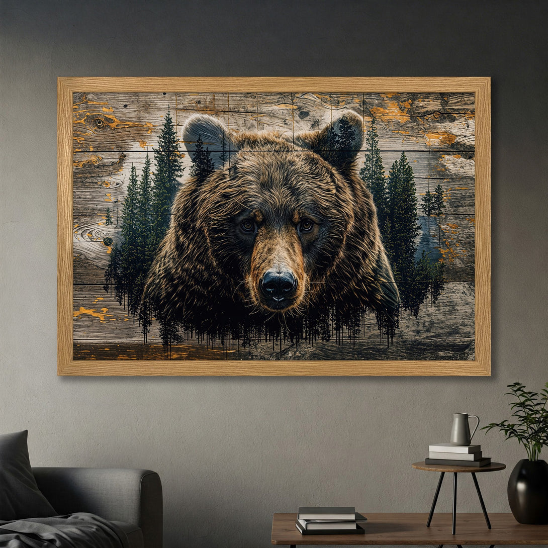 Framed Poster featuring a majestic bear portrait. Rustic style with earthy tones and a natural wood frame. Perfect wall art for your home.
