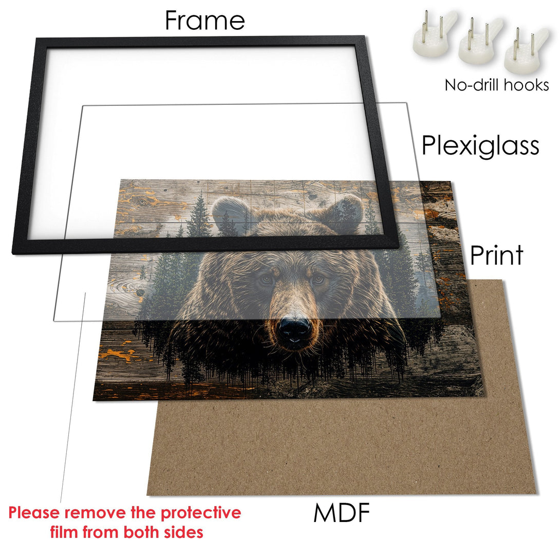 Framed Poster featuring a majestic bear in a rustic style with a warm, earthy color palette. Perfect wall art!