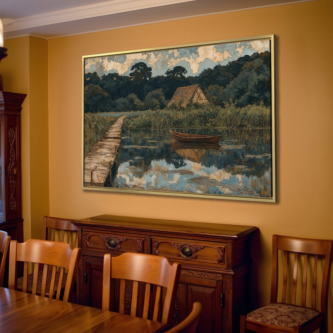 Canvas Print of a serene lake scene in muted blues and greens, perfect for adding a touch of nature-inspired art to your home.