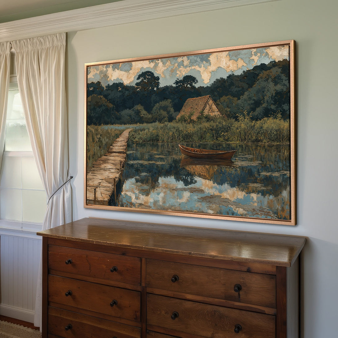 Framed Wall Art: Serene lake scene Canvas Print in muted blues and greens. Rustic style artwork adds a touch of nature to any room.