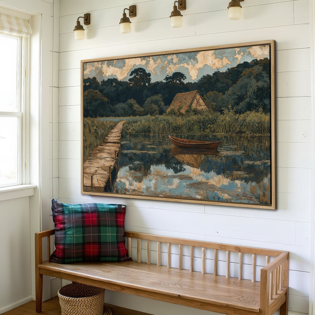 Framed Wall Art: Serene landscape Canvas Print with lake, boat, and rustic cabin. Earthy tones and calming blues create a tranquil atmosphere.