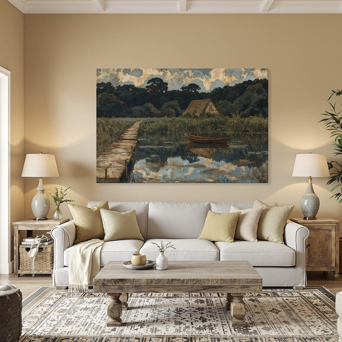 Framed Wall Art: Serene lake scene Canvas Print in muted blues, greens, and browns. Rustic landscape art perfect for adding a touch of nature to your home decor.