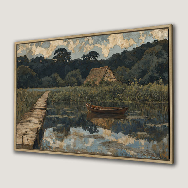 Framed Wall Art of a serene landscape with a boat on a lake. Earthy tones and a vintage style create a calming ambiance. Perfect for home decor.